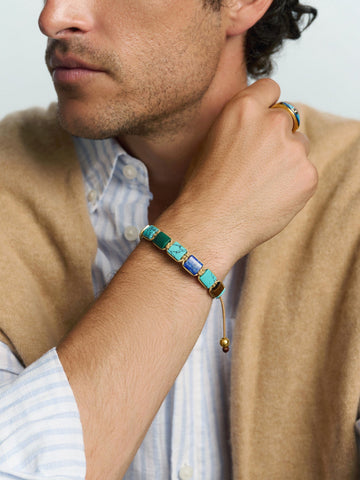 Nialaya Men's Flatbead Bracelet The Dorje Flatbead Collection - Turquoise, Blue Lapis, Carnelian, Brown Tiger Eye and Green Jade The Dorje Flatbead Collection - Turquoise, Blue Lapis, Carnelian, Brown Tiger Eye and Green Jade
